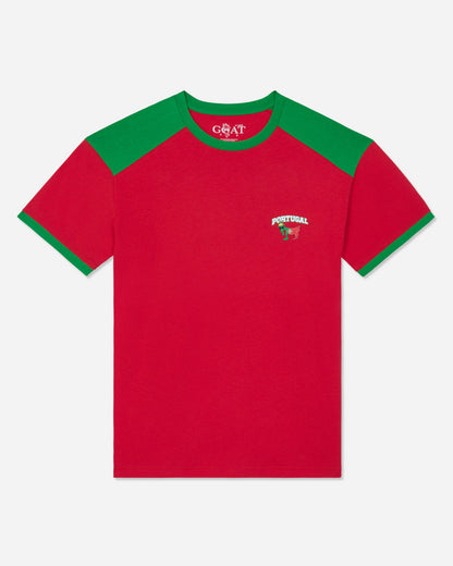Red t-shirt with green sleeves and a small logo on a white background