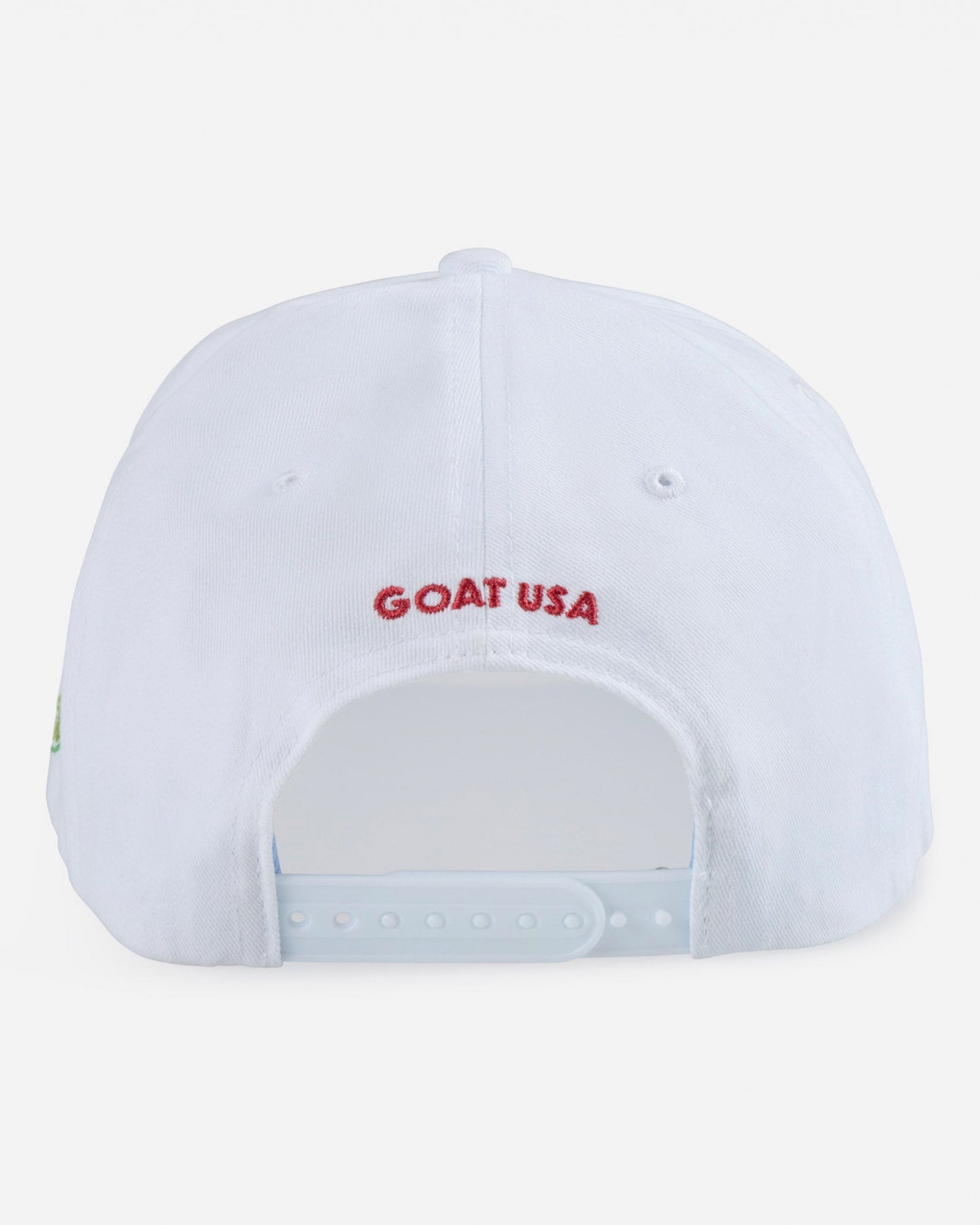 White cap with 'GOAT USA' text on a light gray background