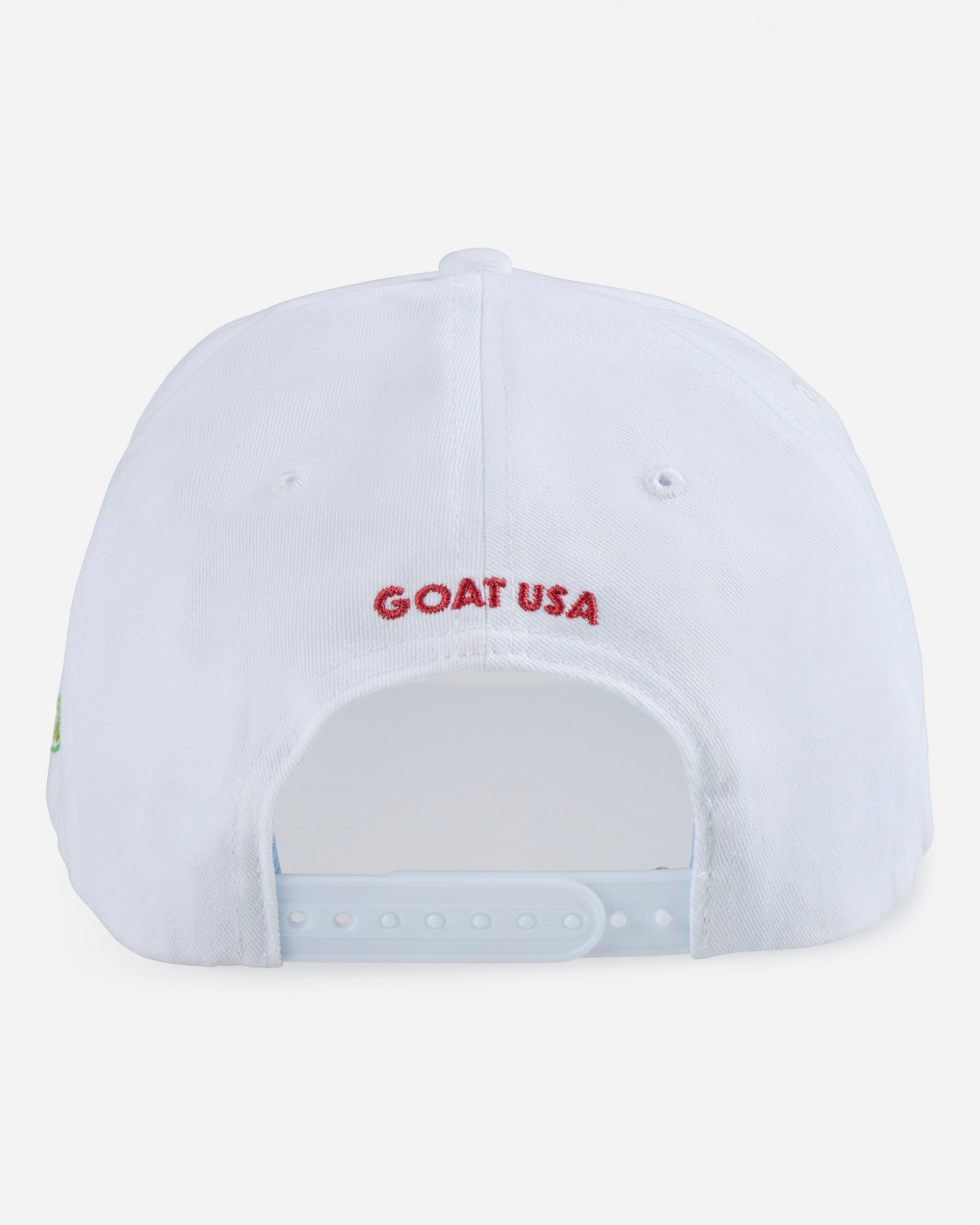 White cap with 'GOAT USA' text on a light gray background