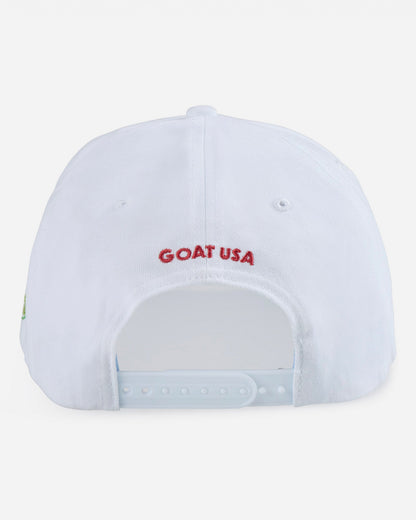 White cap with 'GOAT USA' text on a light gray background