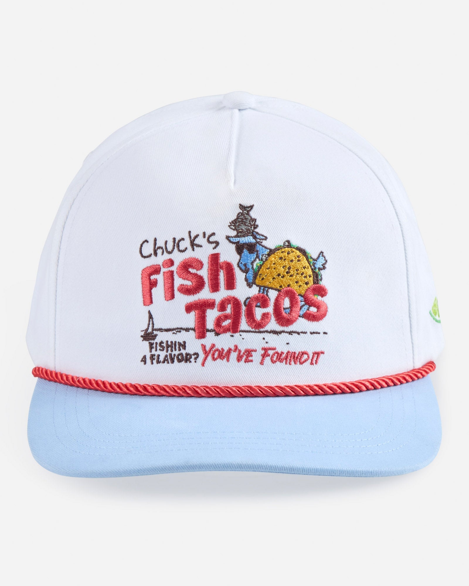 Light blue cap with colorful text and graphics on a white background