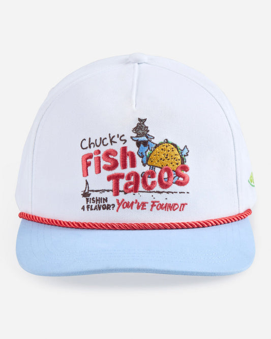 Light blue cap with colorful text and graphics on a white background