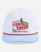 Light blue cap with colorful text and graphics on a white background