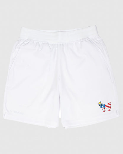 White athletic shorts with freedom goat logo#color_white