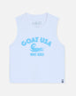 White sleeveless shirt with 'GOAT USA Wave Rider' text on a white background
