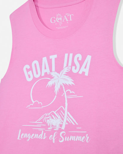 Pink sleeveless shirt with 'GOAT USA' and palm tree design on a white background