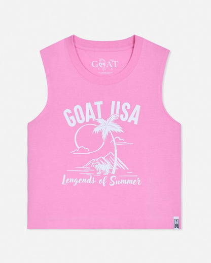 Pink sleeveless shirt with white graphic and text on a light pink background