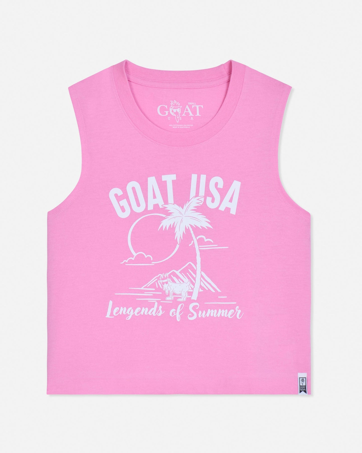 Pink sleeveless shirt with white graphic and text on a light pink background