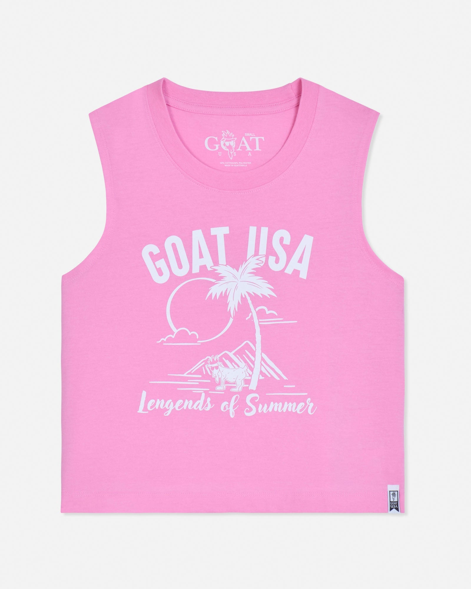 Pink sleeveless shirt with white graphic and text on a light pink background