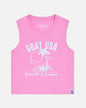 Pink sleeveless shirt with white graphic and text on a light pink background
