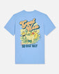 Light blue t-shirt with a colorful graphic and text on a white background