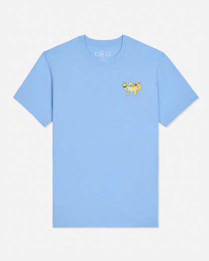 Light blue t-shirt with a small yellow graphic on a white background