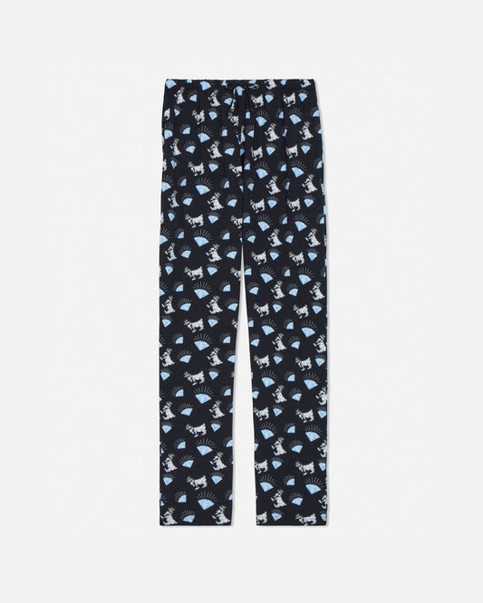 Black pajamas with diamond goat pattern on a white background