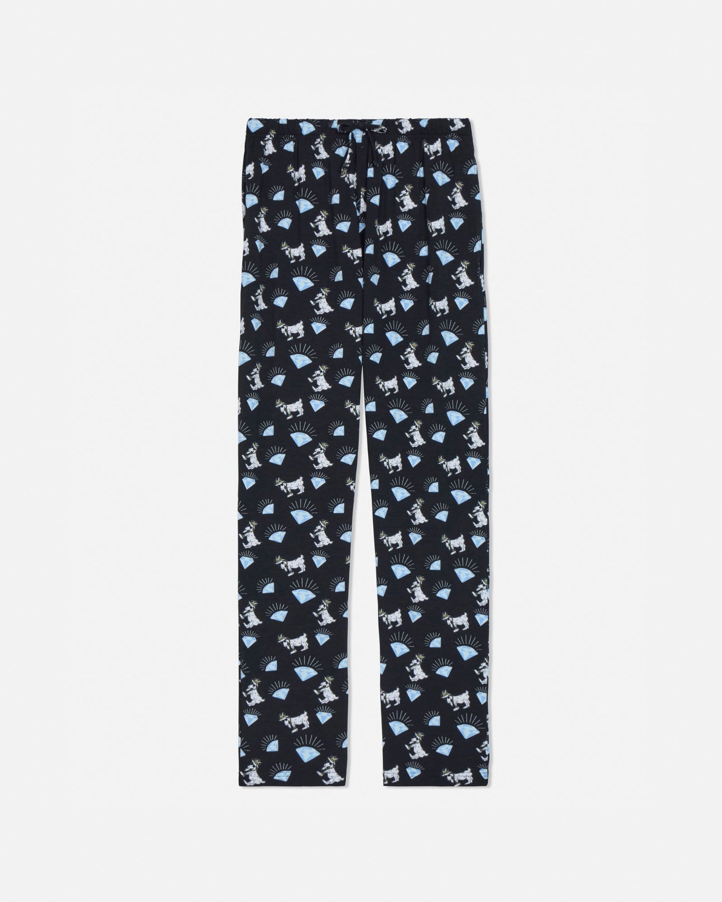Black pajamas with diamond goat pattern on a white background