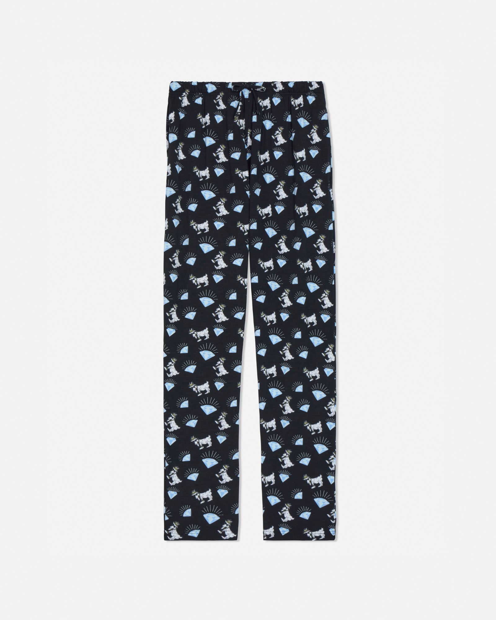 Black pajamas with diamond goat pattern on a white background
