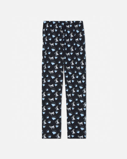 Black pajamas with diamond goat pattern on a white background