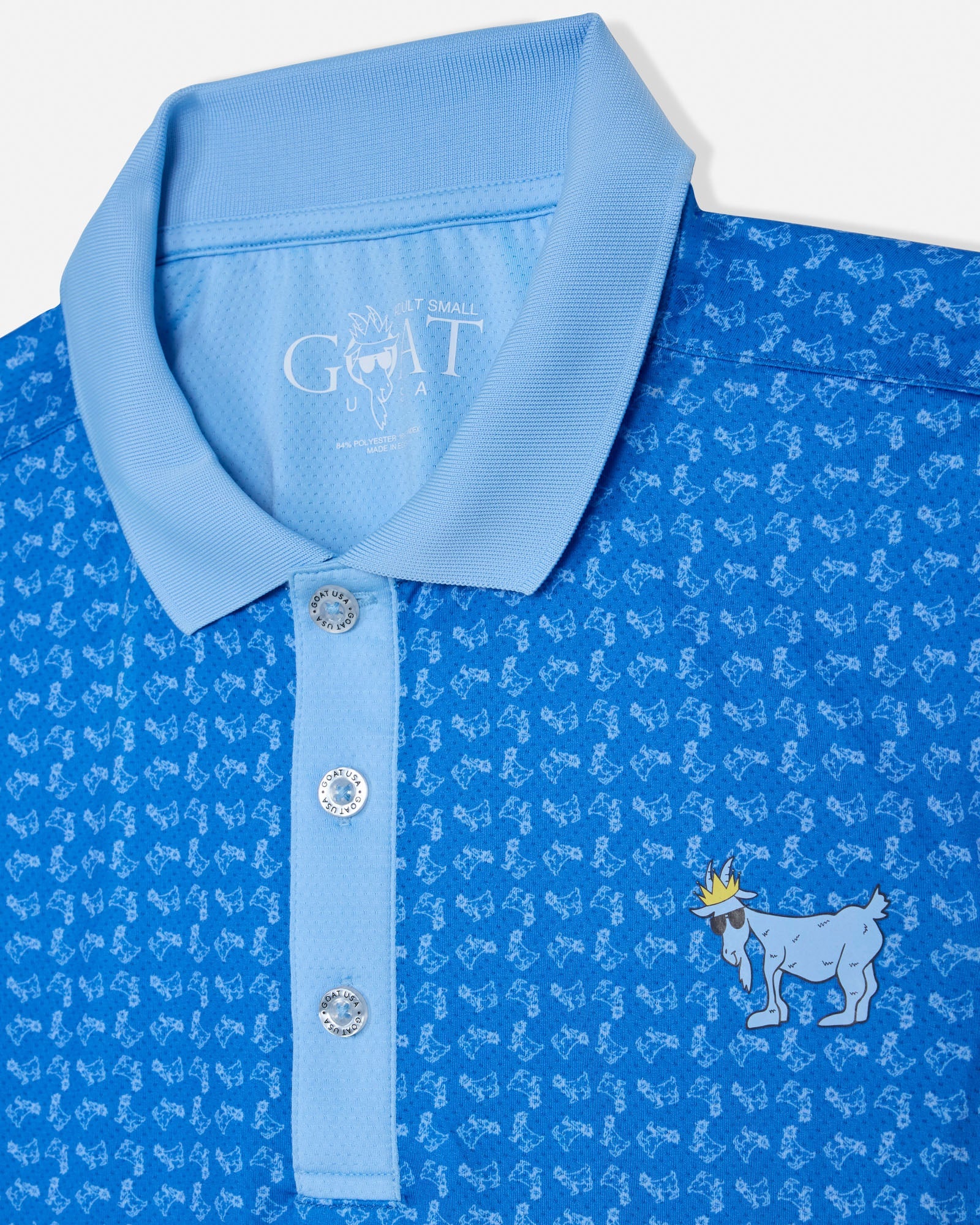 Blue polo shirt with pattern and brand logo on a white background