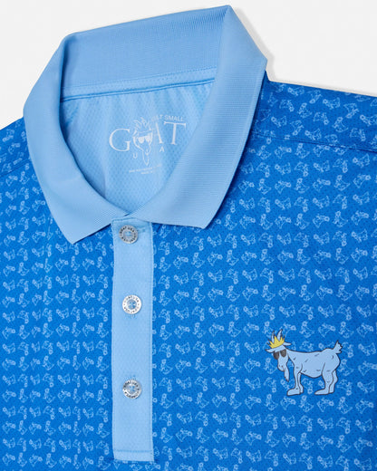Blue polo shirt with pattern and brand logo on a white background