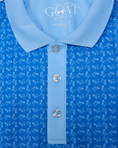 Blue polo shirt with pattern and collar, featuring a brand logo.