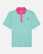 Mint green polo shirt with pink collar and logo on a white background