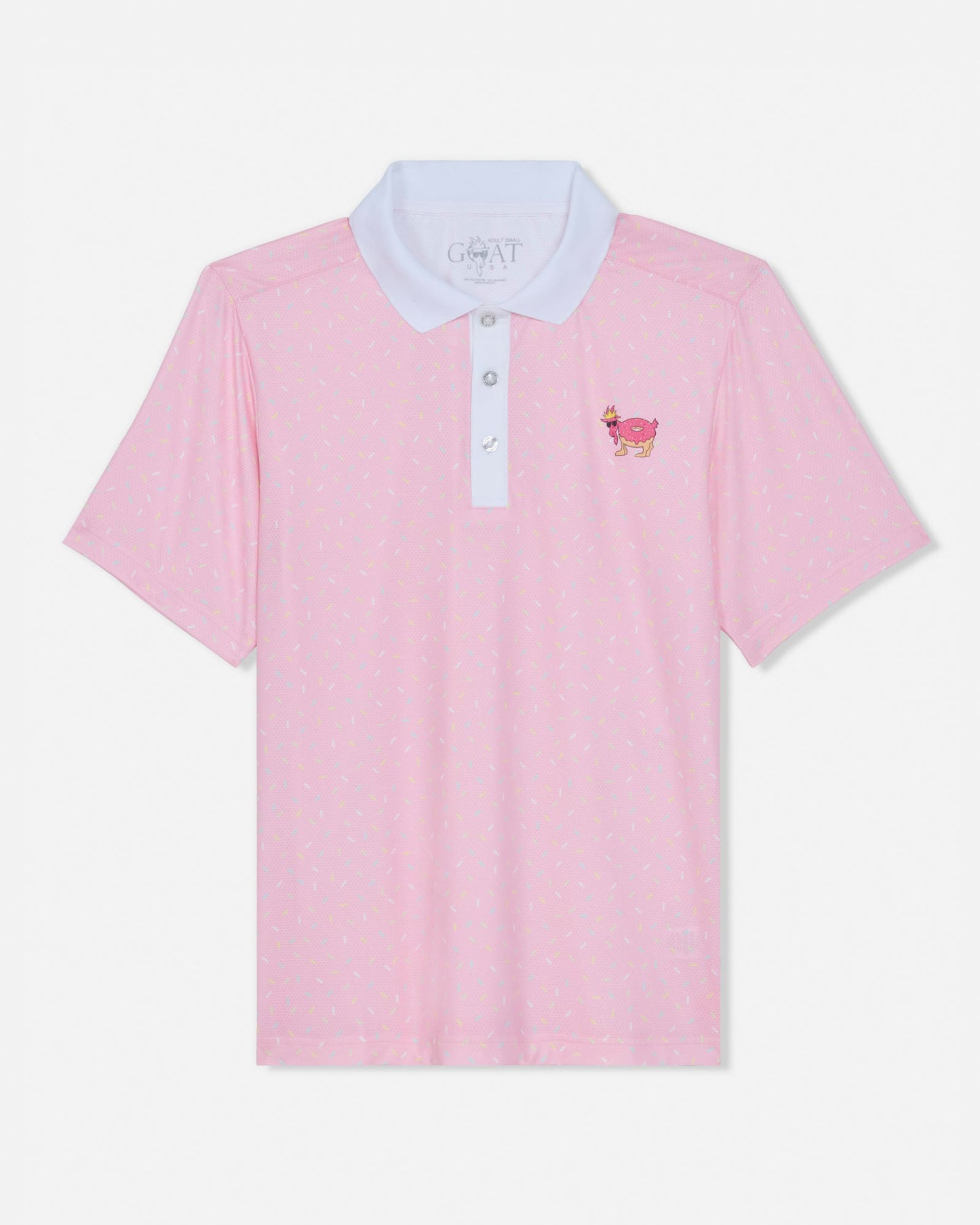 Pink polo shirt with white collar and small logo on a light gray background