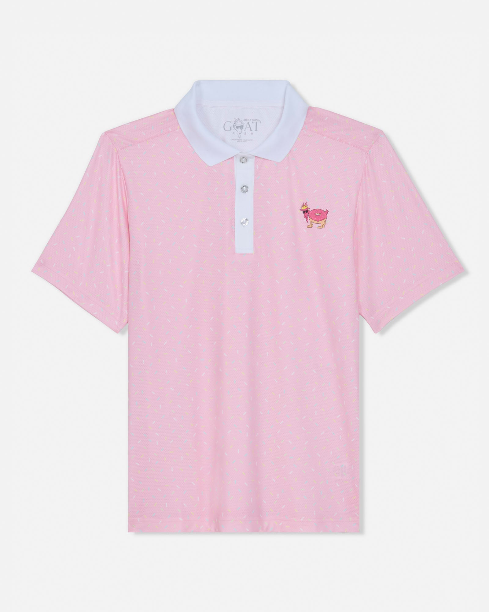 Pink polo shirt with white collar and small logo on a light gray background