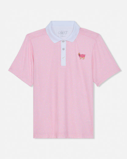 Pink polo shirt with white collar and small logo on a light gray background