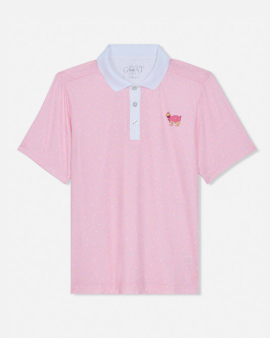 Pink polo shirt with white collar and small logo on a light gray background