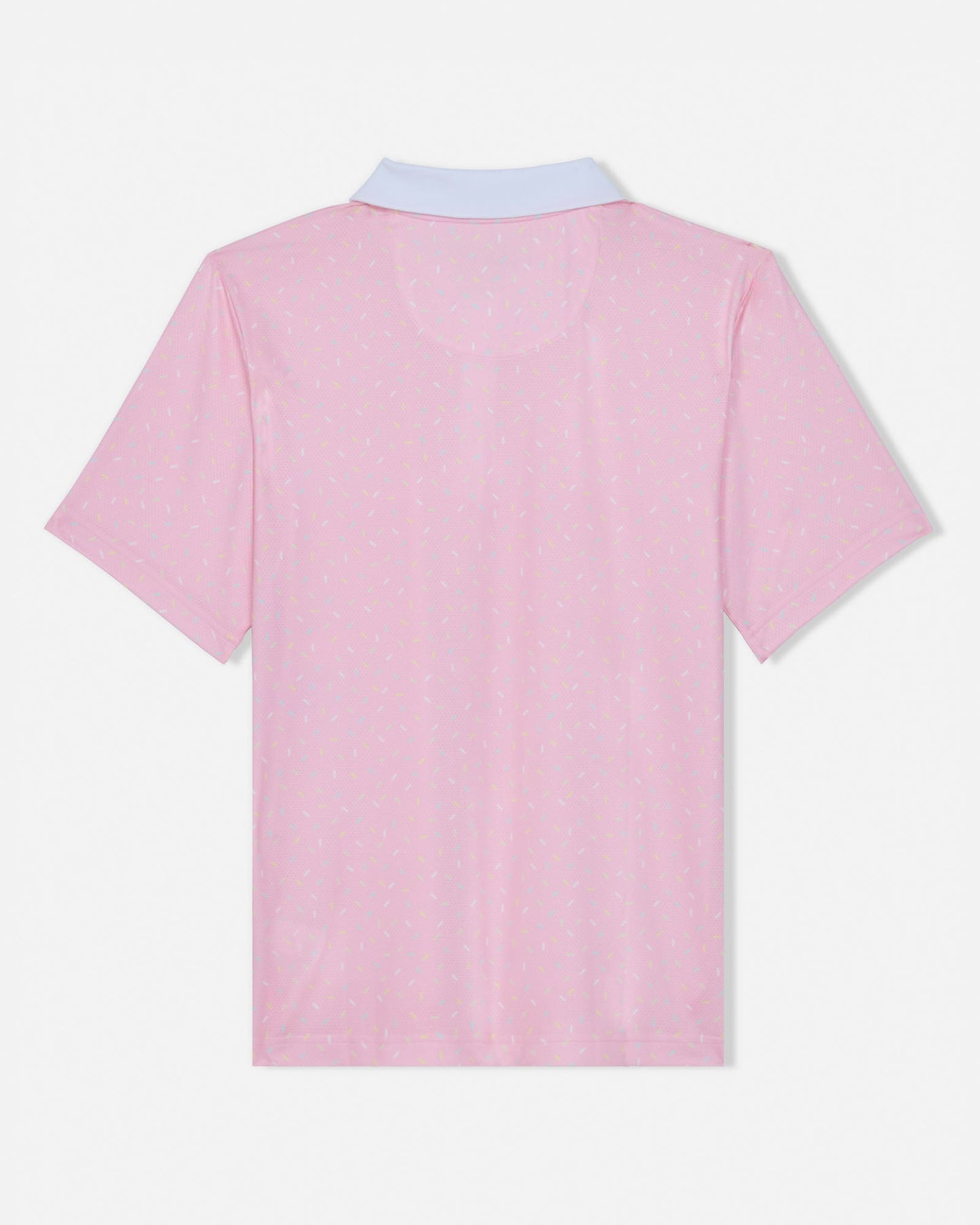 Pink polo shirt with white collar on a white background