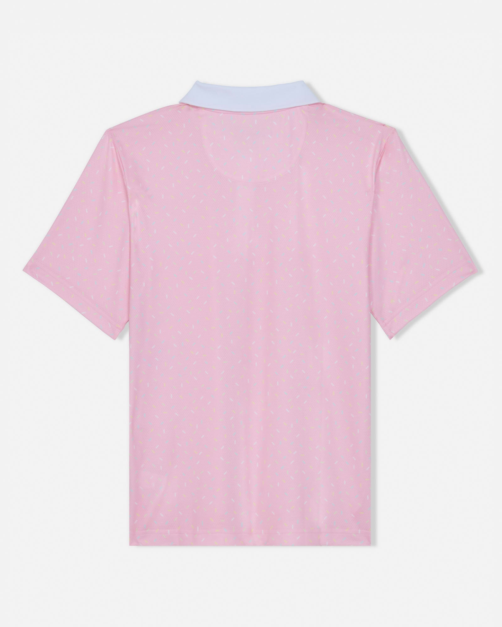 Pink polo shirt with white collar on a white background
