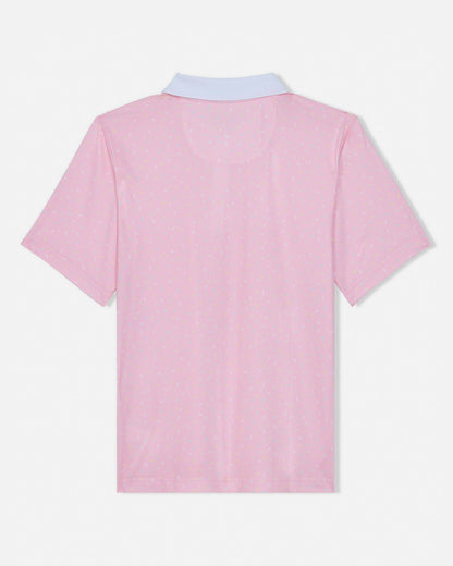 Pink polo shirt with white collar on a white background