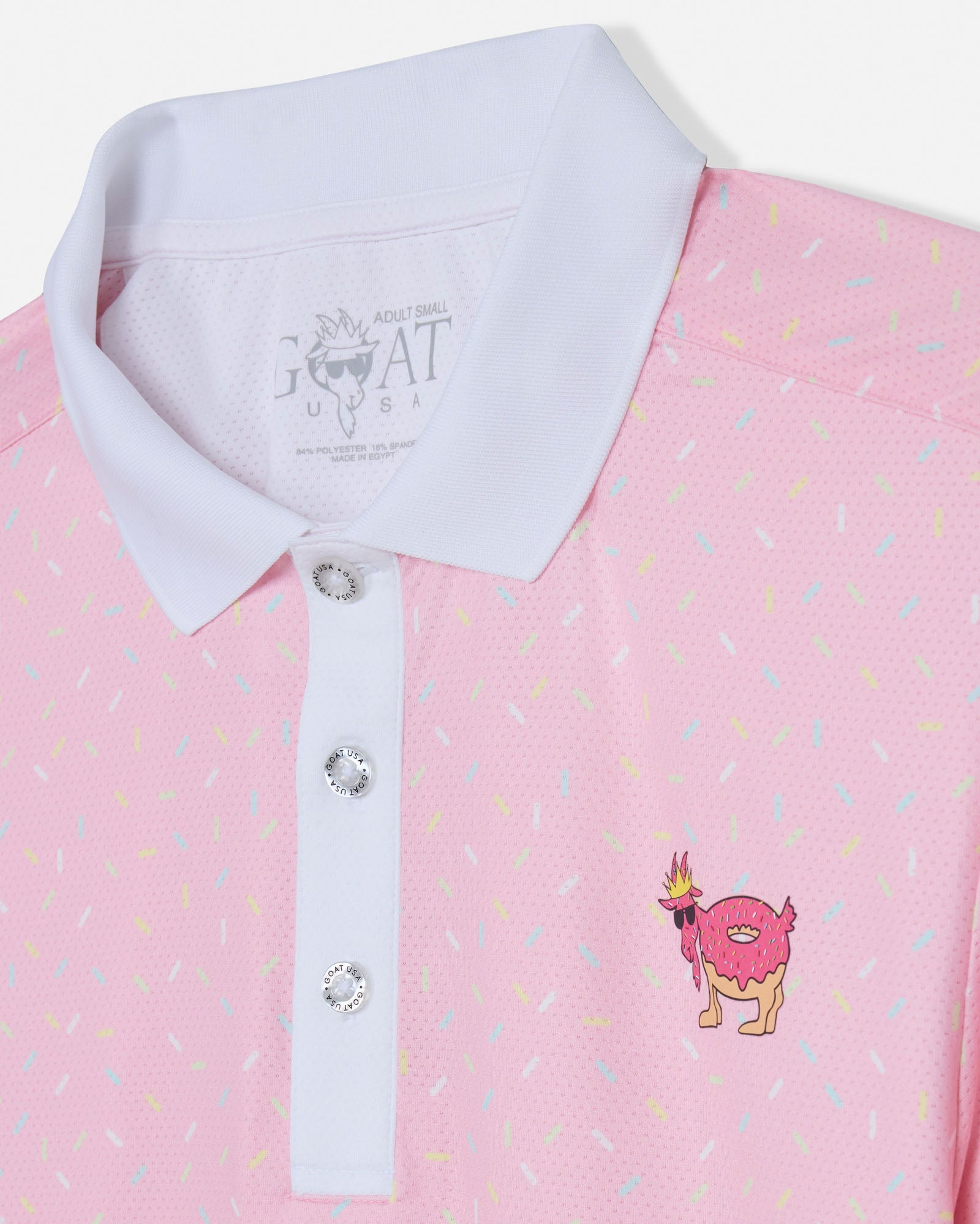 Pink polo shirt with white collar and embroidered goat design on a white background