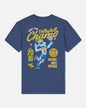 Blue t-shirt with volleyball-themed graphic and text on a white background
