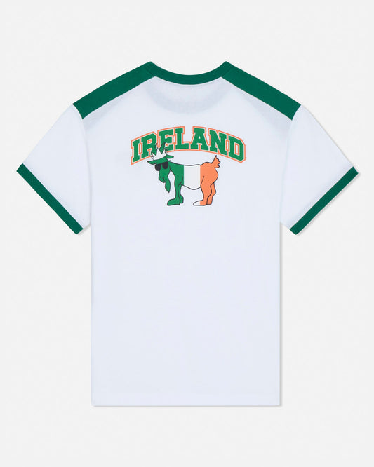 White t-shirt with green accents featuring 'Ireland' text and goat graphic on a white background