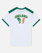 White t-shirt with green accents featuring 'Ireland' text and goat graphic on a white background