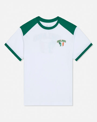 White t-shirt with green sleeves and 'Ireland' text on a white background