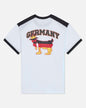 White t-shirt with black trim featuring a graphic of a goat with a German flag and 'GERMANY' text on a white background.