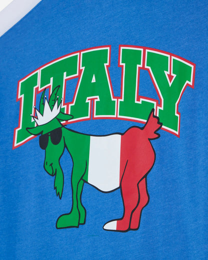 Cartoon goat with Italian flag colors and 'ITALY' text on a blue background