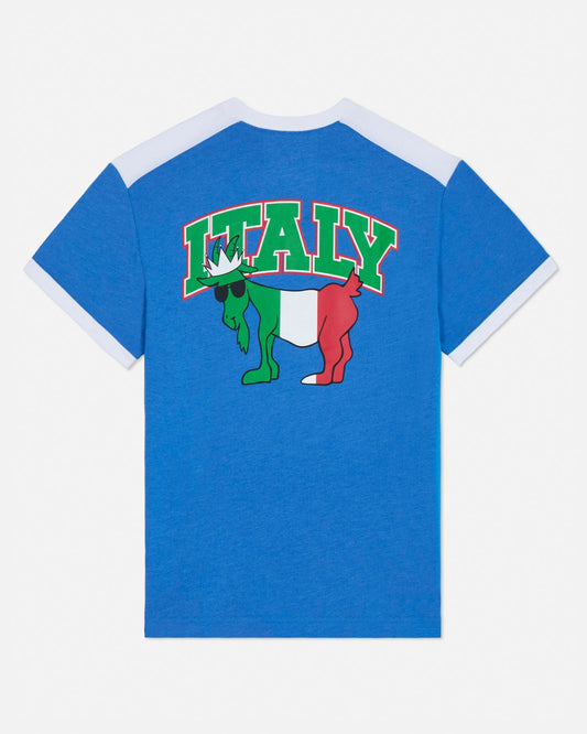 Blue t-shirt with 'ITALY' graphic design featuring an Italian flag goat on a white background.