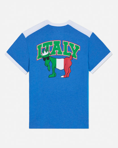 Blue t-shirt with 'ITALY' graphic design featuring an Italian flag goat on a white background.