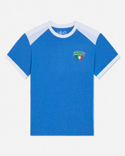 Blue t-shirt with white sleeves and a logo on a white background