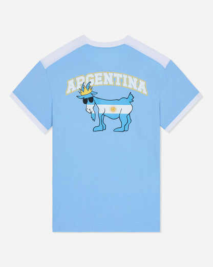 Light blue t-shirt with a graphic of a goat wearing sunglasses and a crown, and 'Argentina' text on a white background.