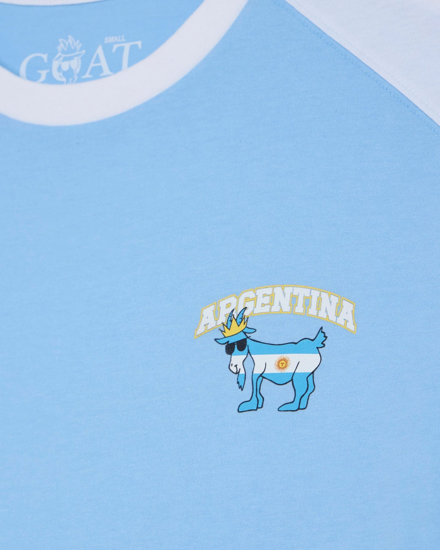 Light blue shirt with 'ARGENTINA' and a goat logo on a white collar