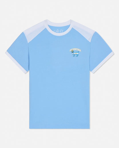 Light blue t-shirt with white and light blue sleeves on a white background