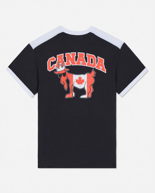 Black t-shirt with a graphic of a goat wearing a Canadian flag and 'Canada' text on the back.