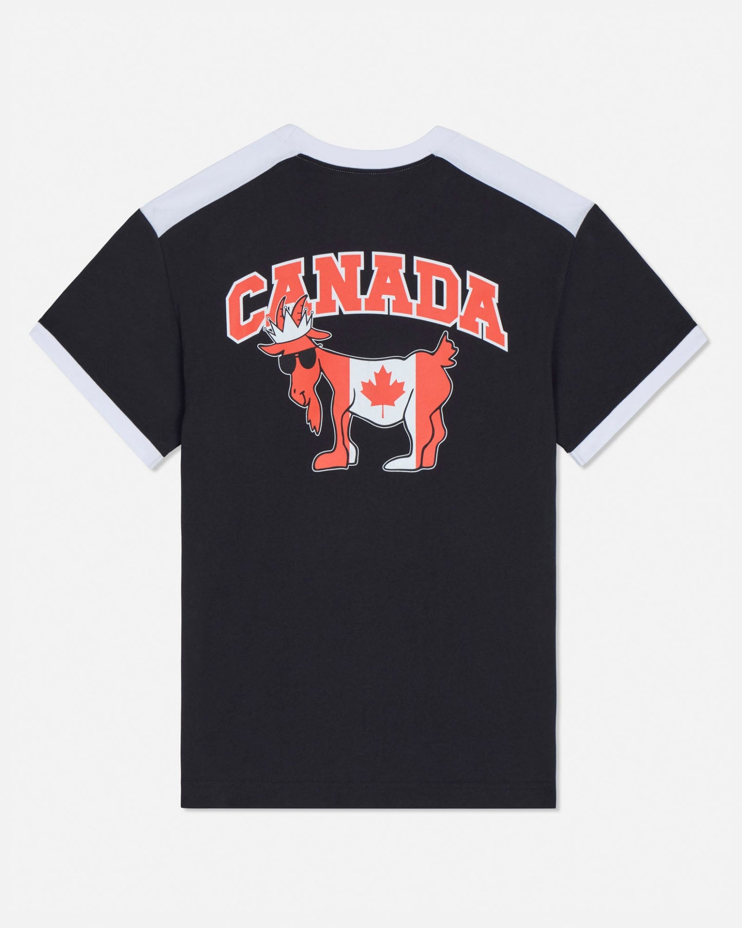 Black t-shirt with a graphic of a goat wearing a Canadian flag and 'Canada' text on the back.
