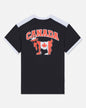 Black t-shirt with a graphic of a goat wearing a Canadian flag and 'Canada' text on the back.