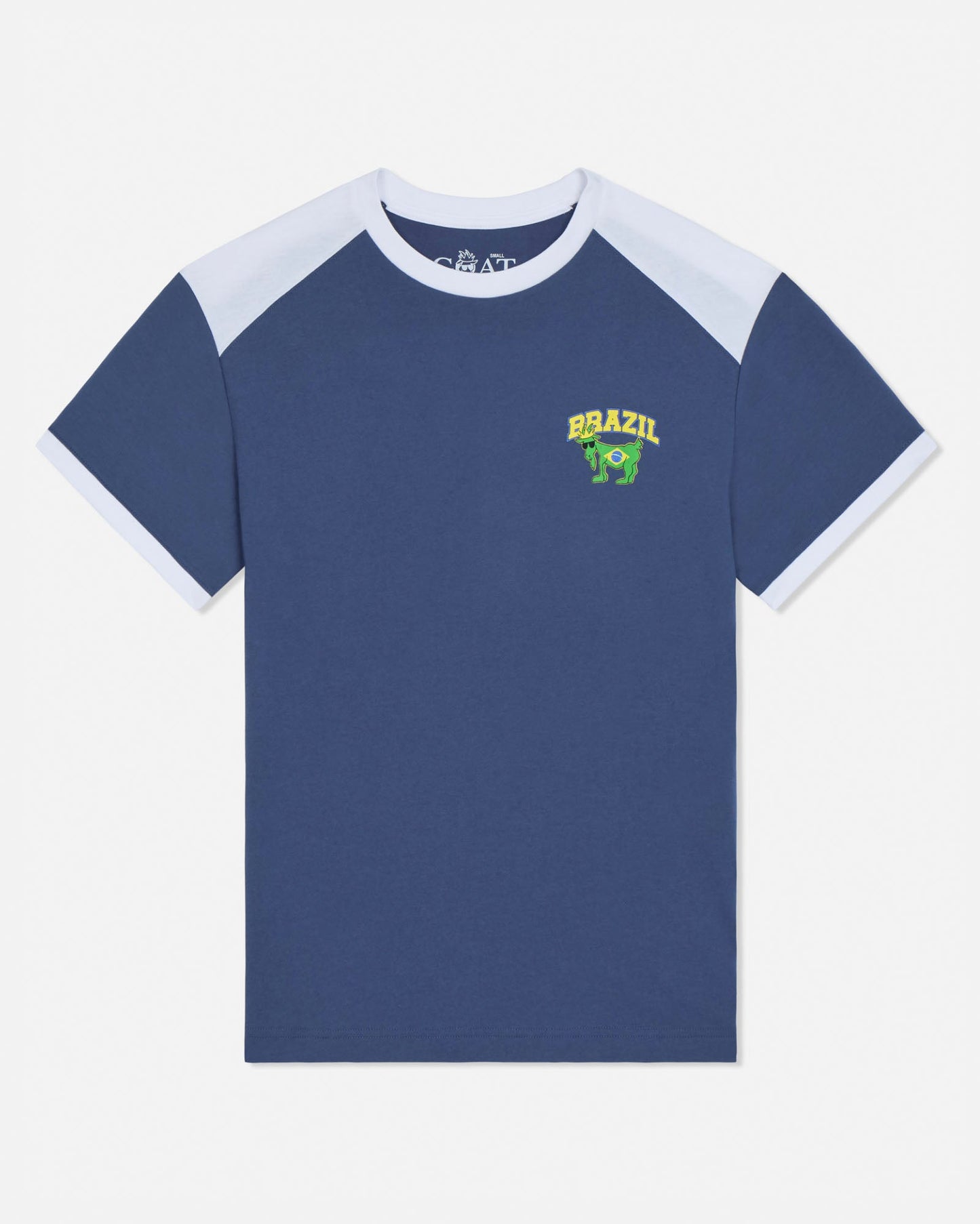 Blue t-shirt with white sleeves and 'Brazil' logo on a white background