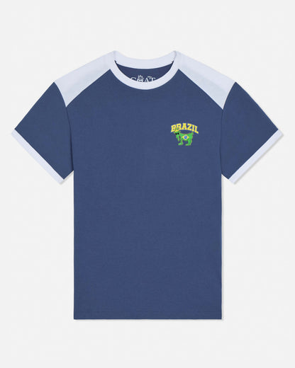 Blue t-shirt with white sleeves and 'Brazil' logo on a white background