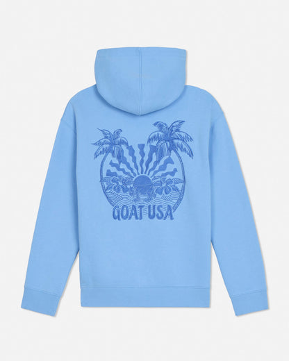 Light blue hoodie with palm tree design and 'GOAT USA' text on the back against a white background#color_carolina-blue
